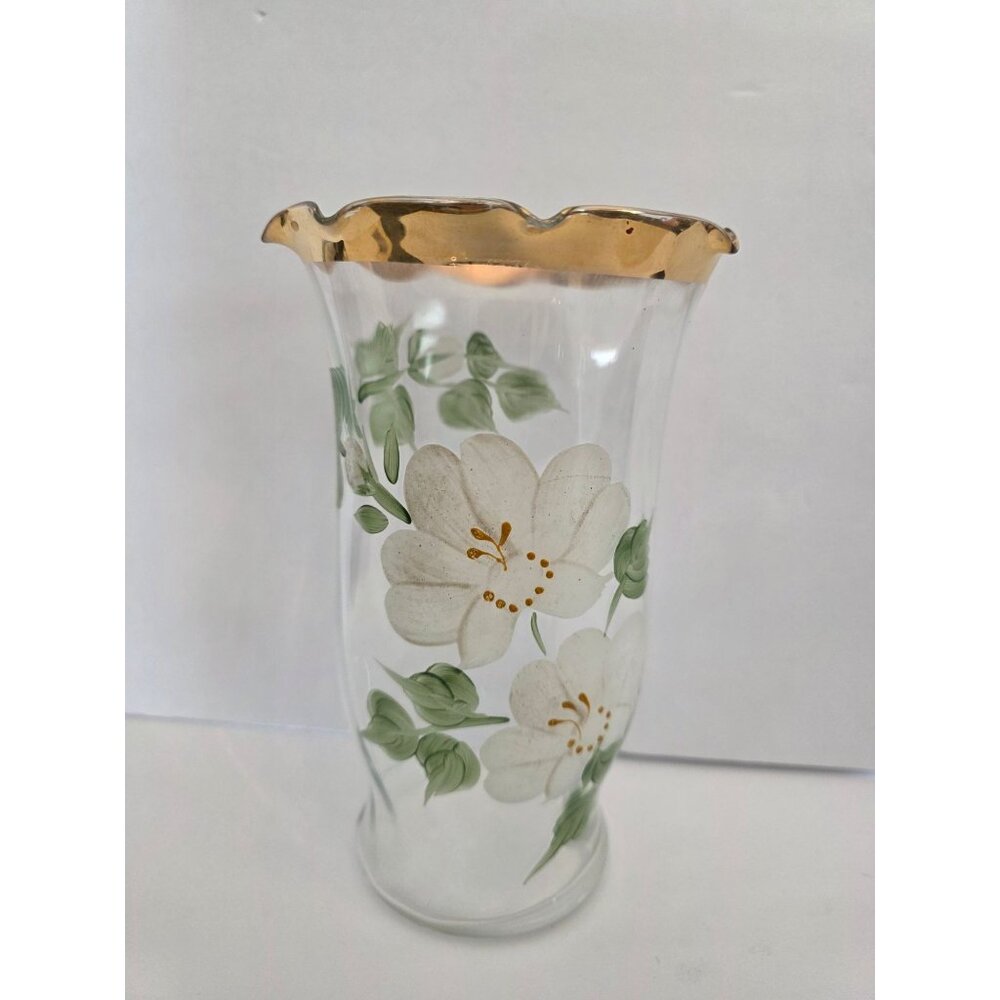 Vintage Hand Painted Gold Trim Floral Glass Vase Tall Cylinder Flower Design